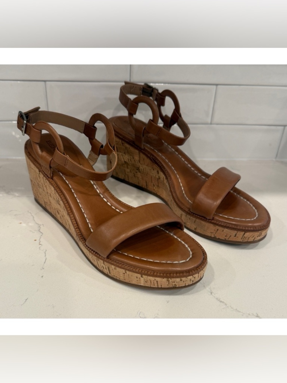 Bernardo 1946 Tan Luggage Cork Wedge Leather Sandals Ankle Strap Worn Once 8